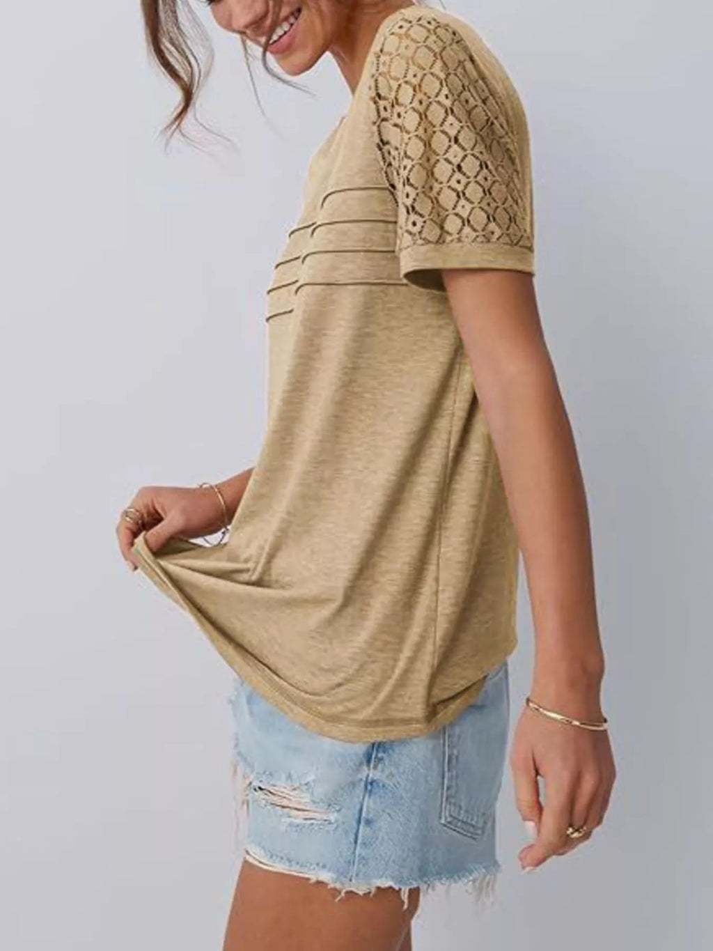Lace Short Sleeve Round Neck T-Shirt