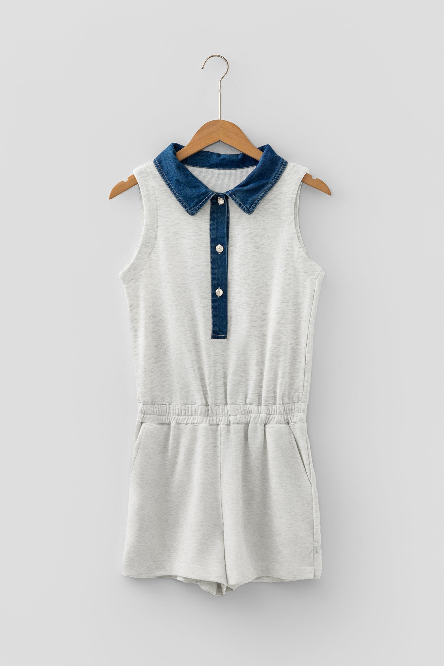 Light Grey Denim Patchwork Polo Collar Elastic Waist Sleeveless Romper