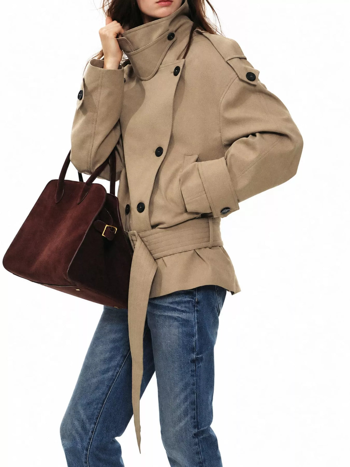 Belted Waist Button Up Trench Jacket