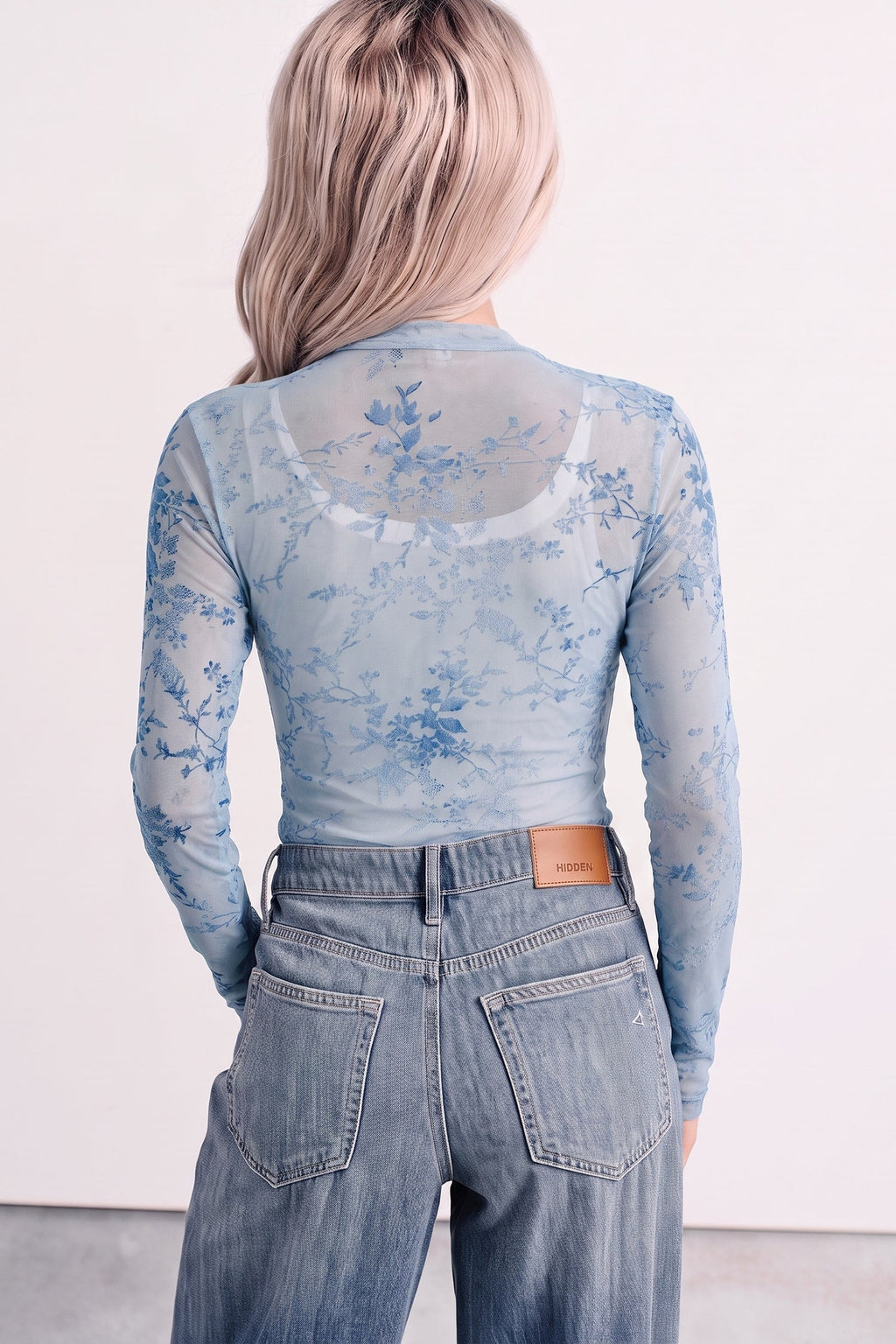 Sky Blue Sheer Mesh Floral Printed Mock Neck Long Sleeve Bodysuit