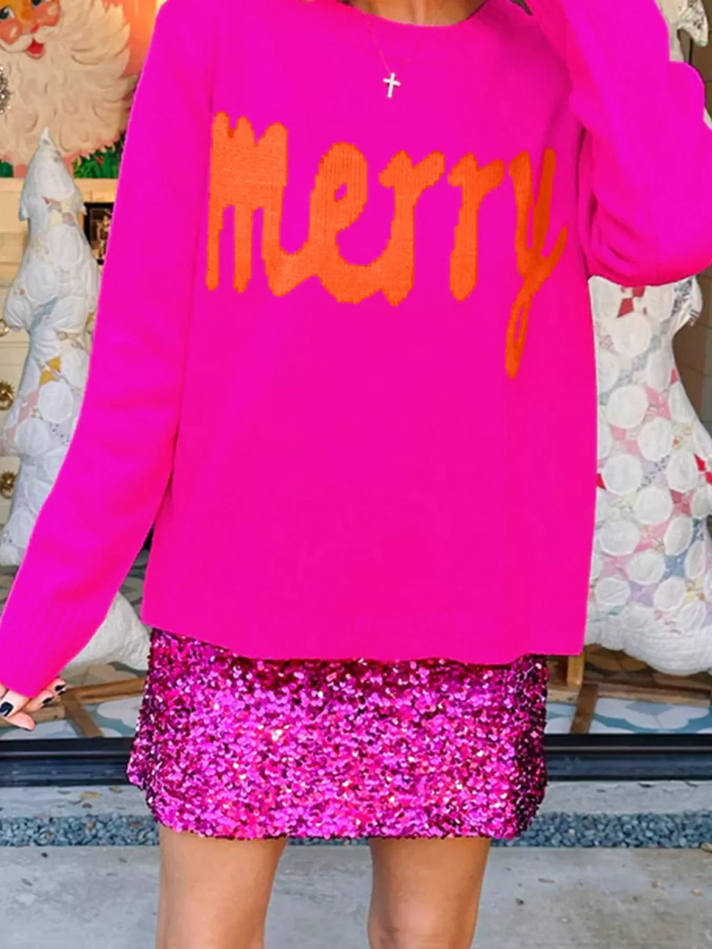 Merry Print Ribbed Trim Round Neck Loose Fit Sweater