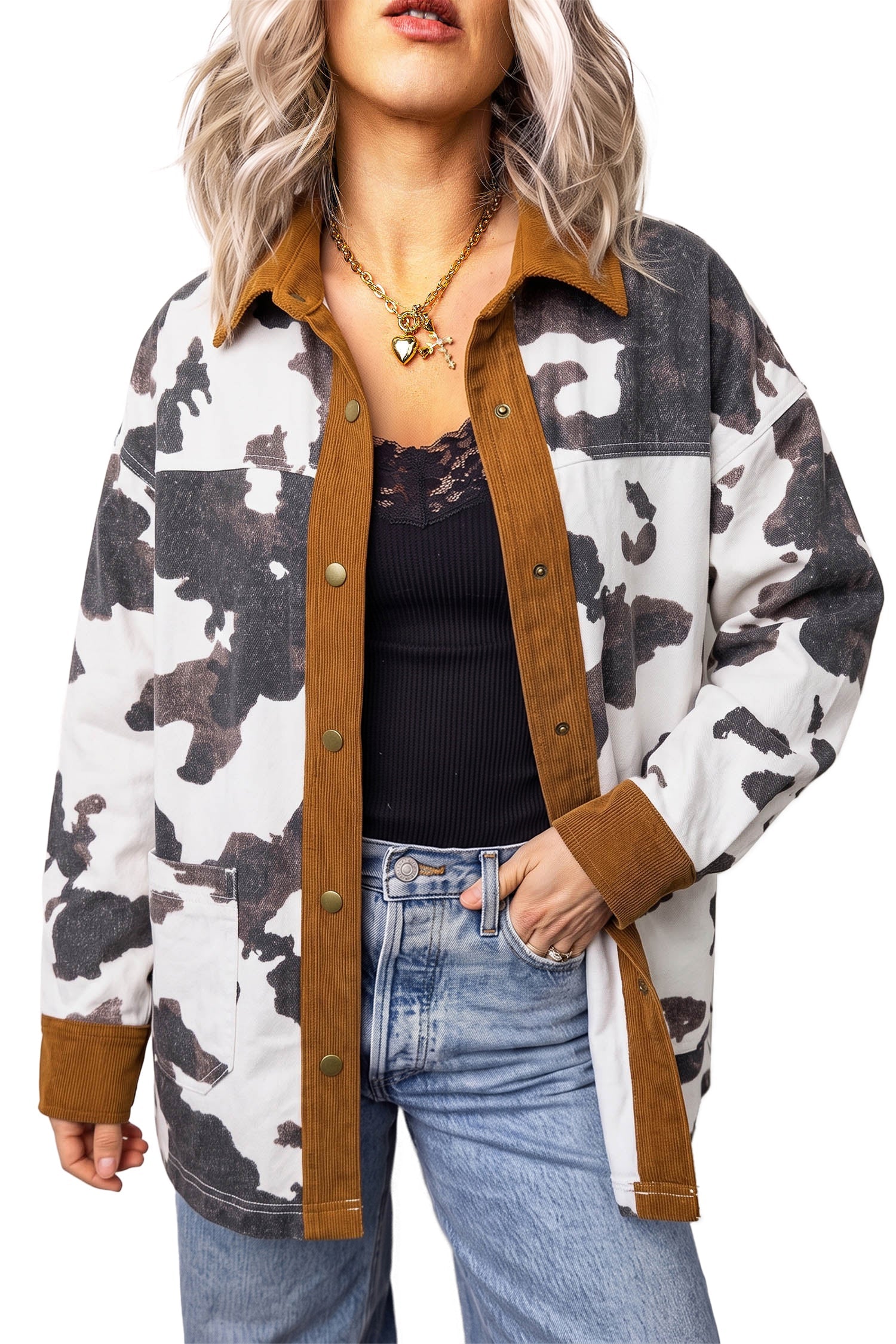 Multicolour Western Cow Print Long Sleeve Button-Up Denim Jacket