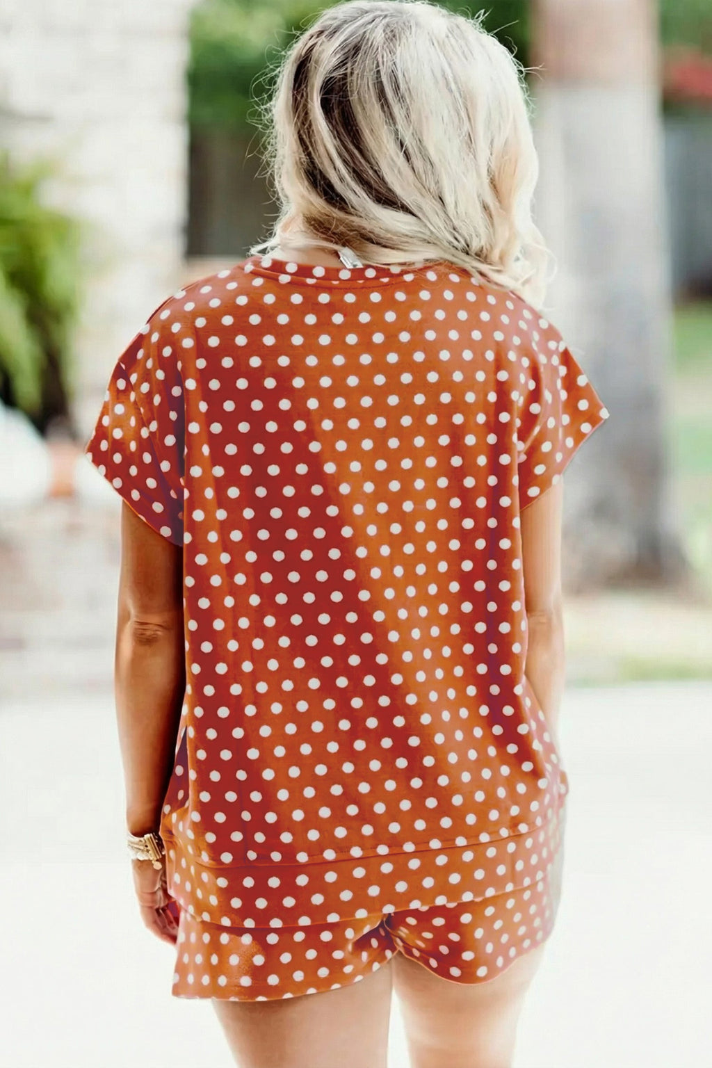 Brown Polka Dot Print Dropped Shoulder Tee Plus Size Short Set