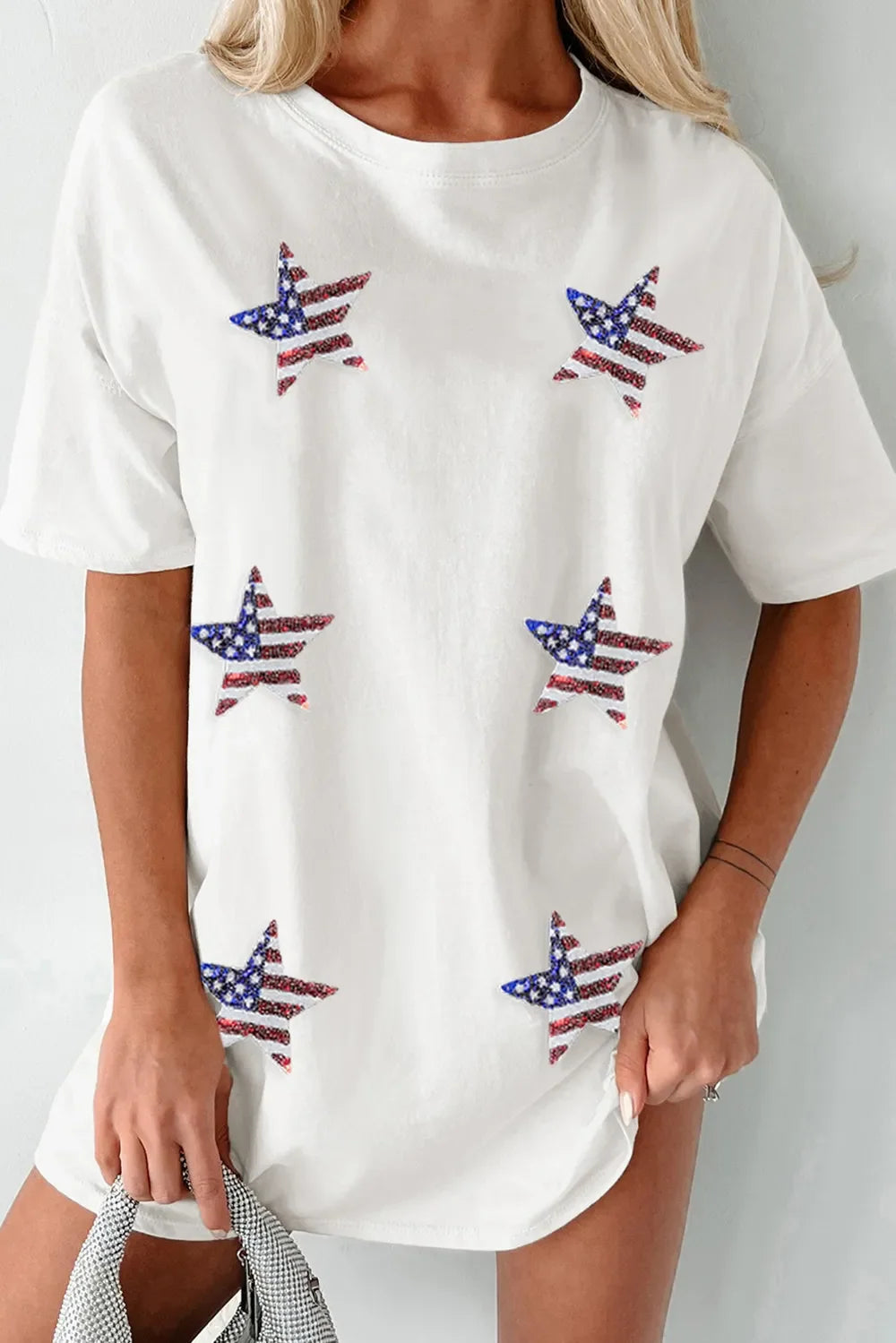 US Flag Star Sequin Oversize Round Neck T-Shirt