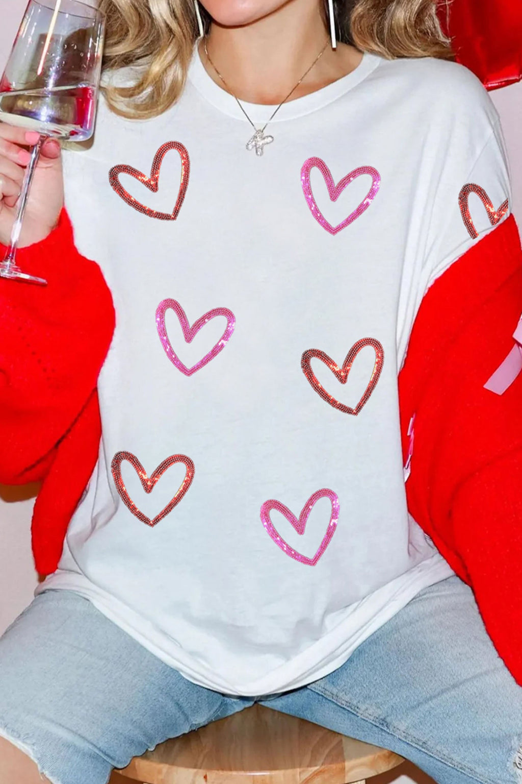 White Sequin Heart Sketch Graphic Womens Casual Tee