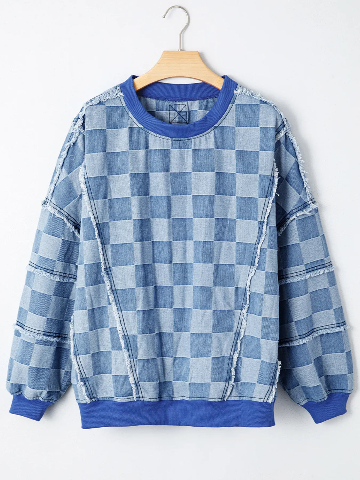 Checkerboard Splicing Raw Detail Oversized Denim Top