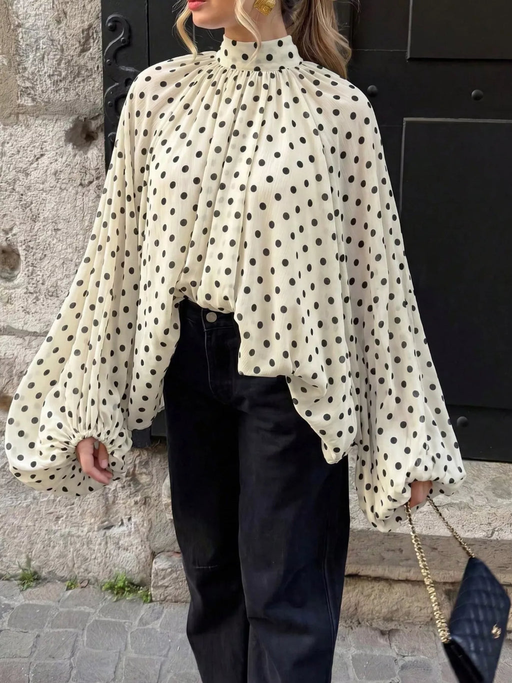 Polka Dot Balloon Sleeve Blouse