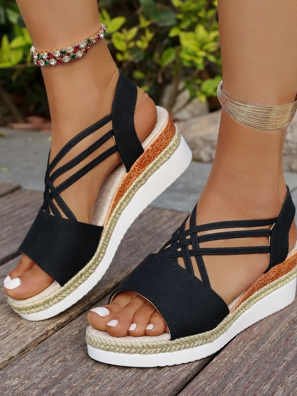 Cross-Strap Platform Wedge Sandals with Ankle Strap