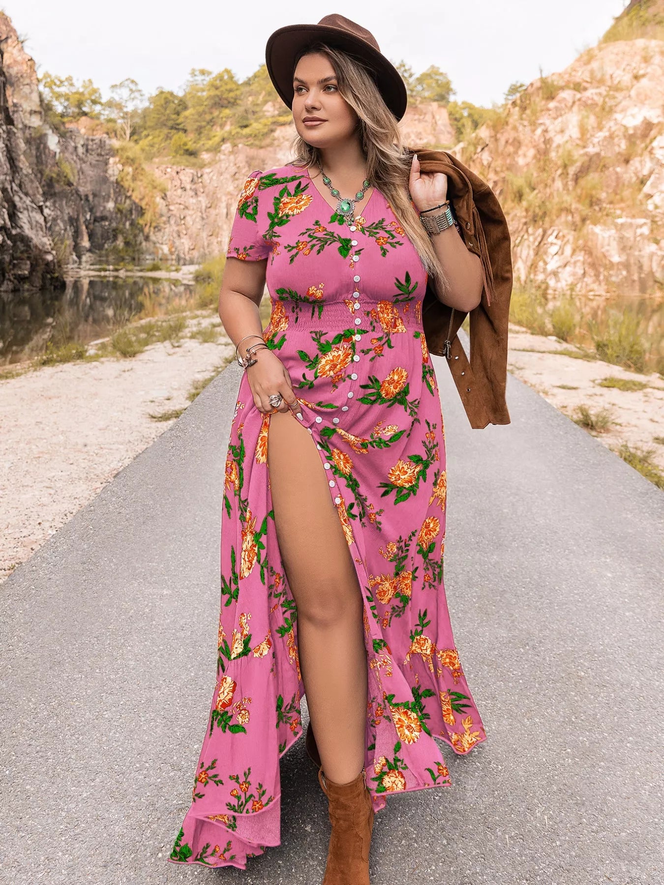 Floral V-Neck Short Sleeve Maxi Dress