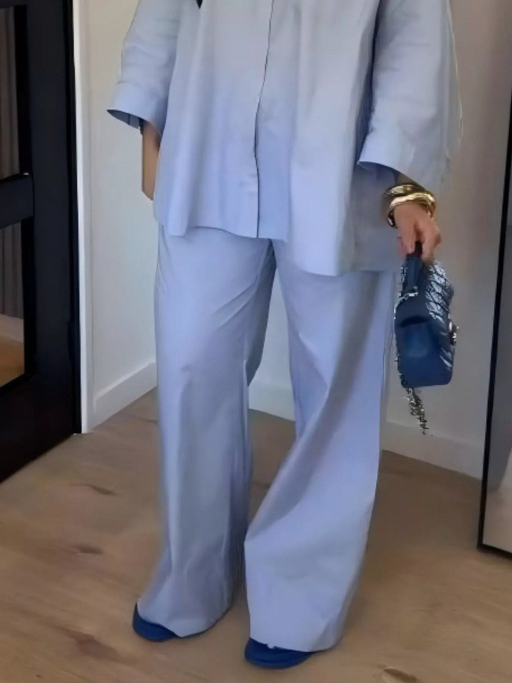 Button-Down Shirt and Wide-Leg Pants Two-Piece Set