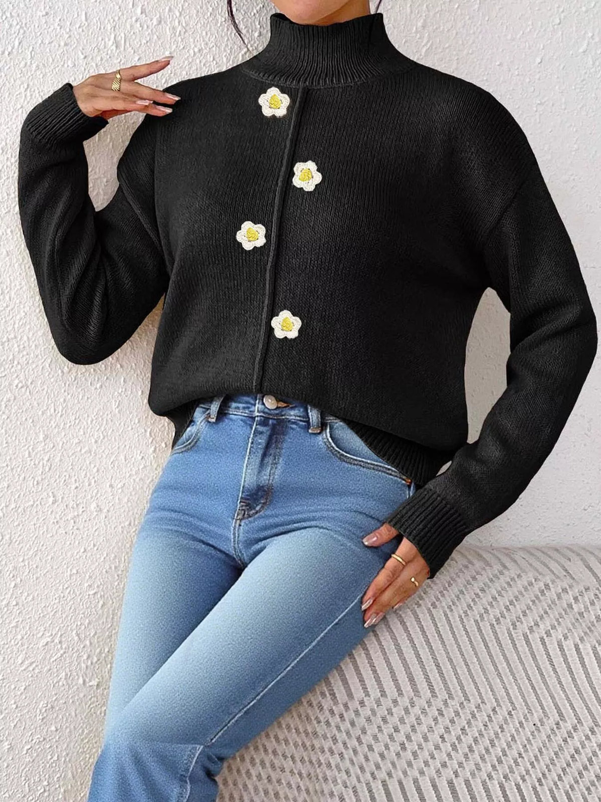 Floral Applique Turtleneck Sweater