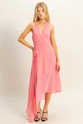 Chiffon Halter Midi Dress with Asymmetrical Hem and Flower Applique