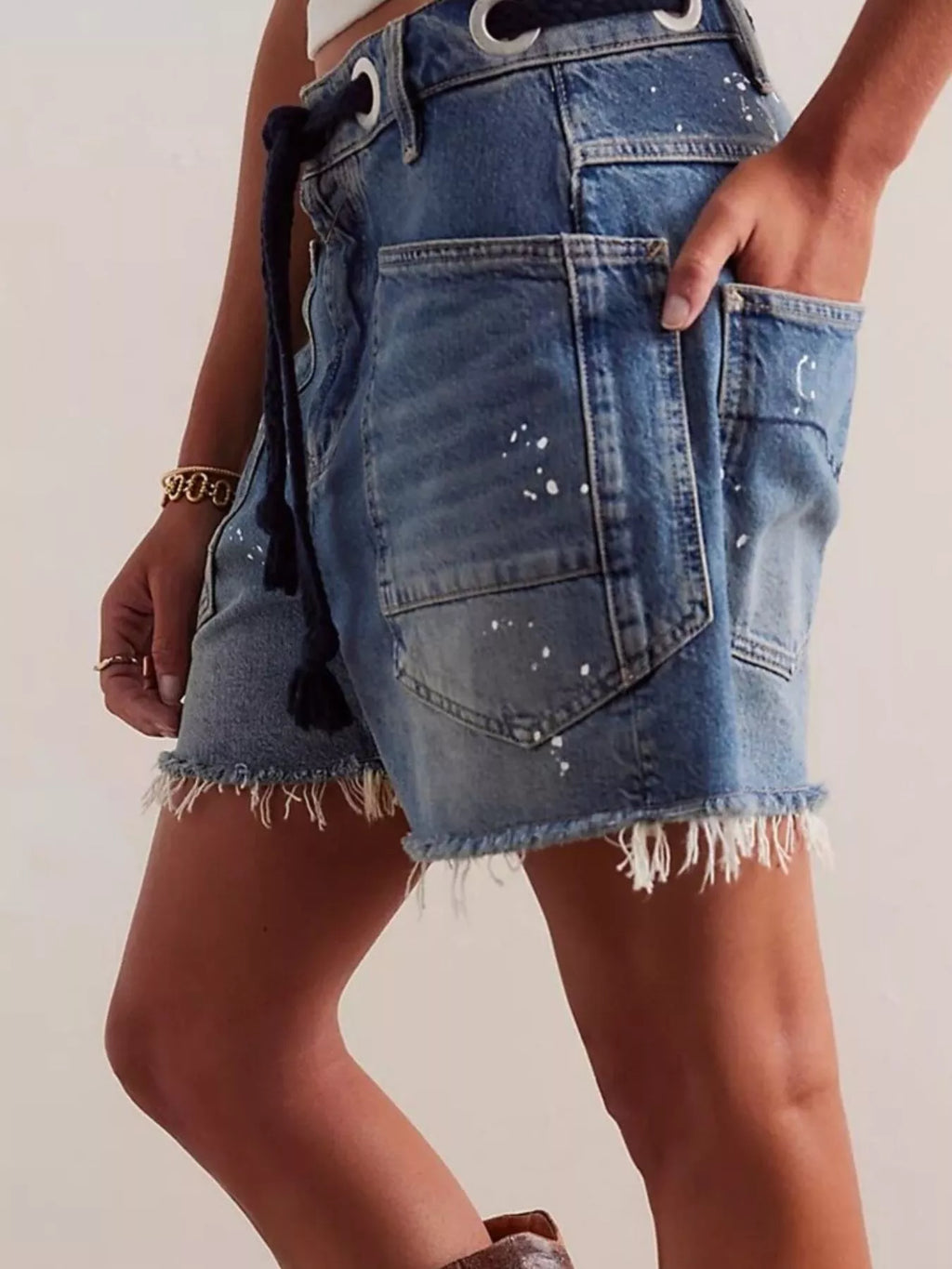 Drawstring Raw Hem Denim Shorts