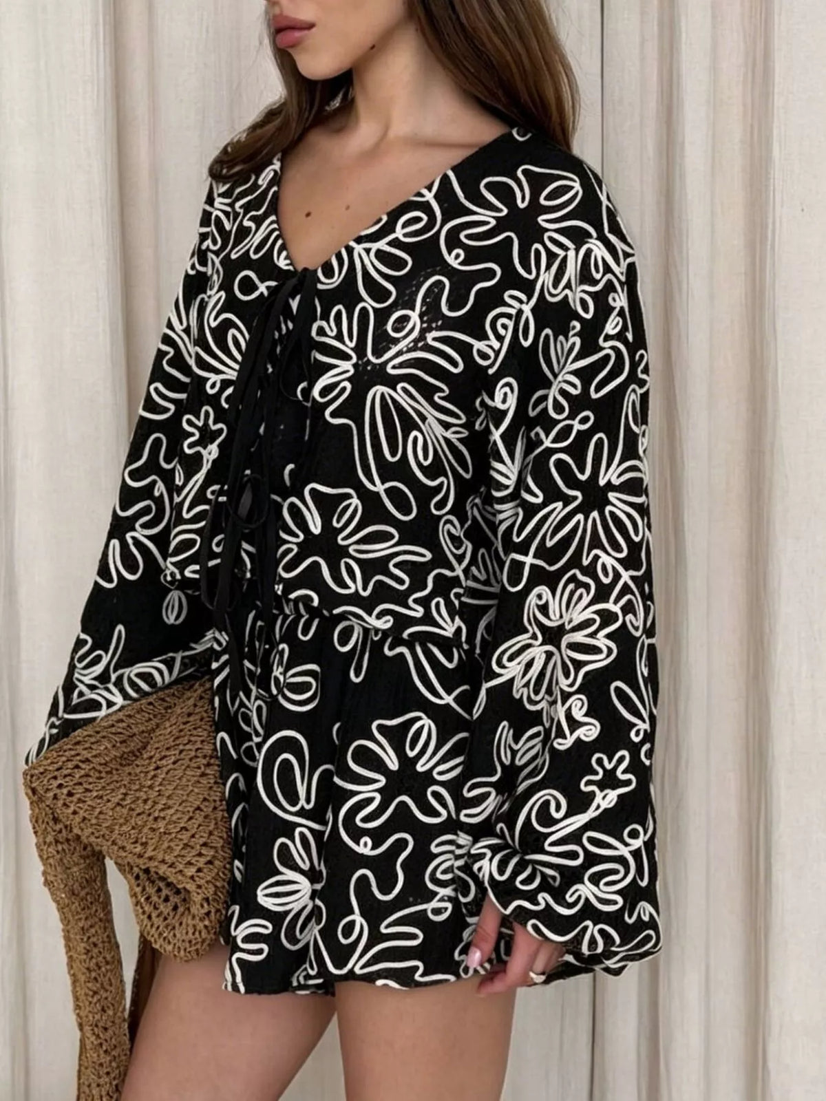 Lace Crochet Tie Front Top and Shorts Two-Piece Lounge Set