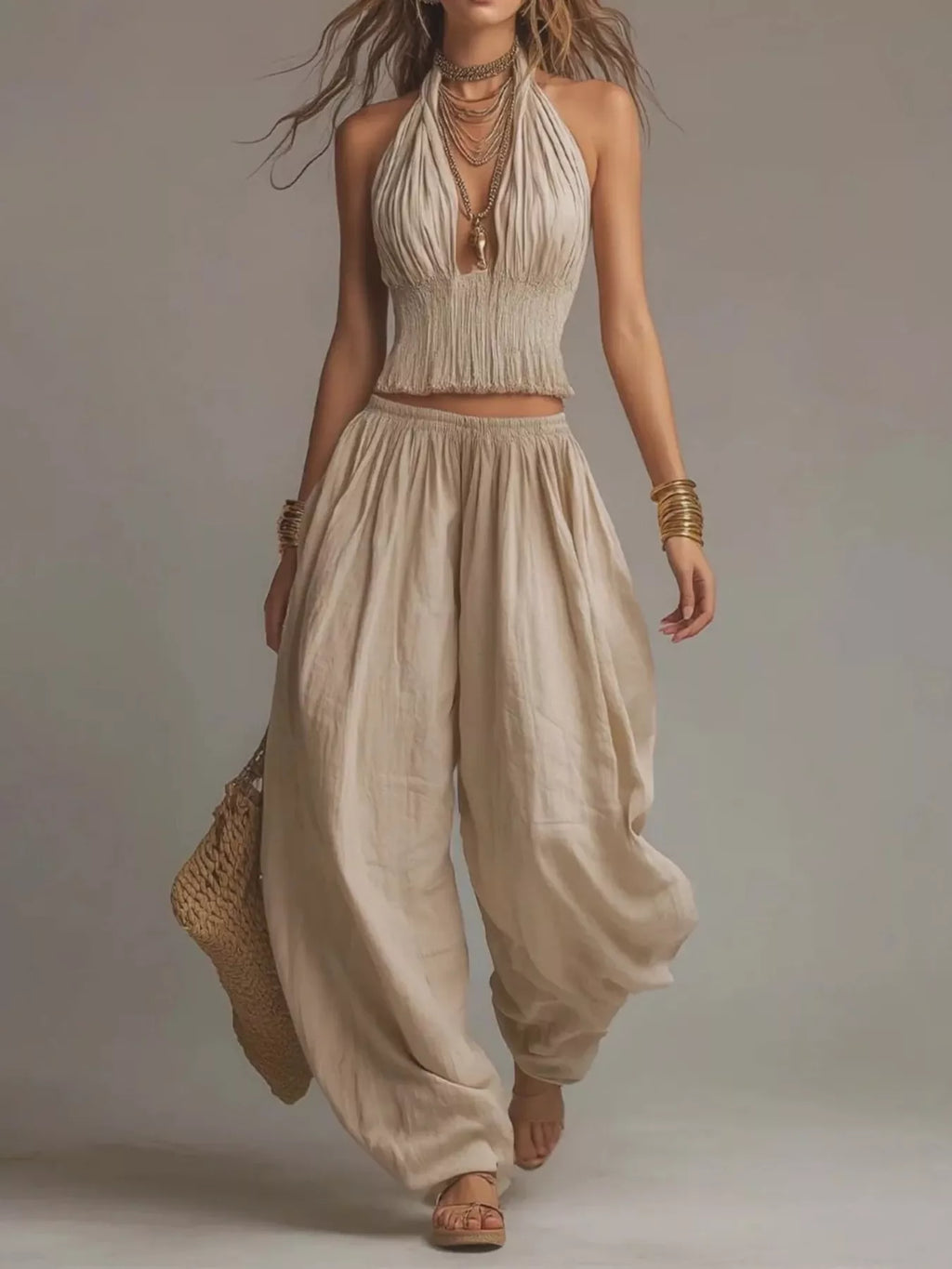 Full Size Halter Neck Top and Wide-Leg Harem Pants Two-Piece Set Plus Size
