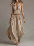 Full Size Halter Neck Top and Wide-Leg Harem Pants Two-Piece Set Plus Size