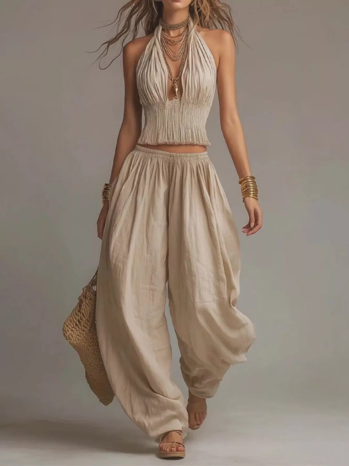 Full Size Halter Neck Top and Wide-Leg Harem Pants Two-Piece Set Plus Size