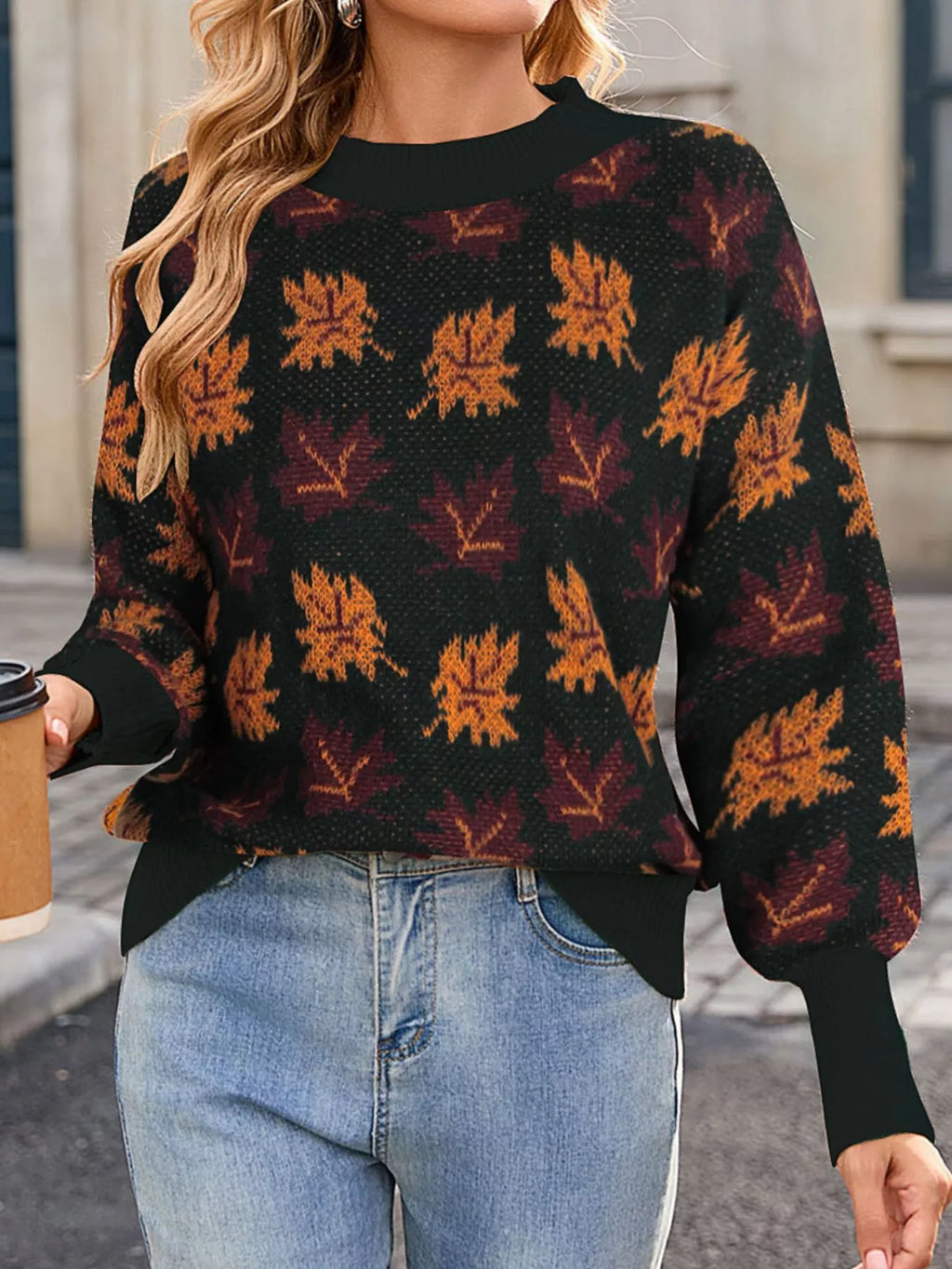Autumn Leaf Pattern Mock Neck Sweater
