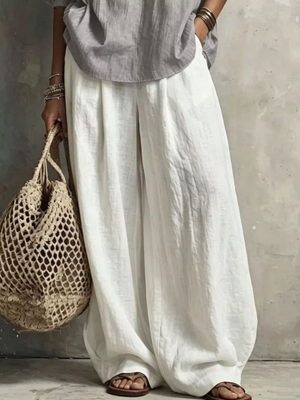 Notched Blouse and Wide-Leg Pants Set