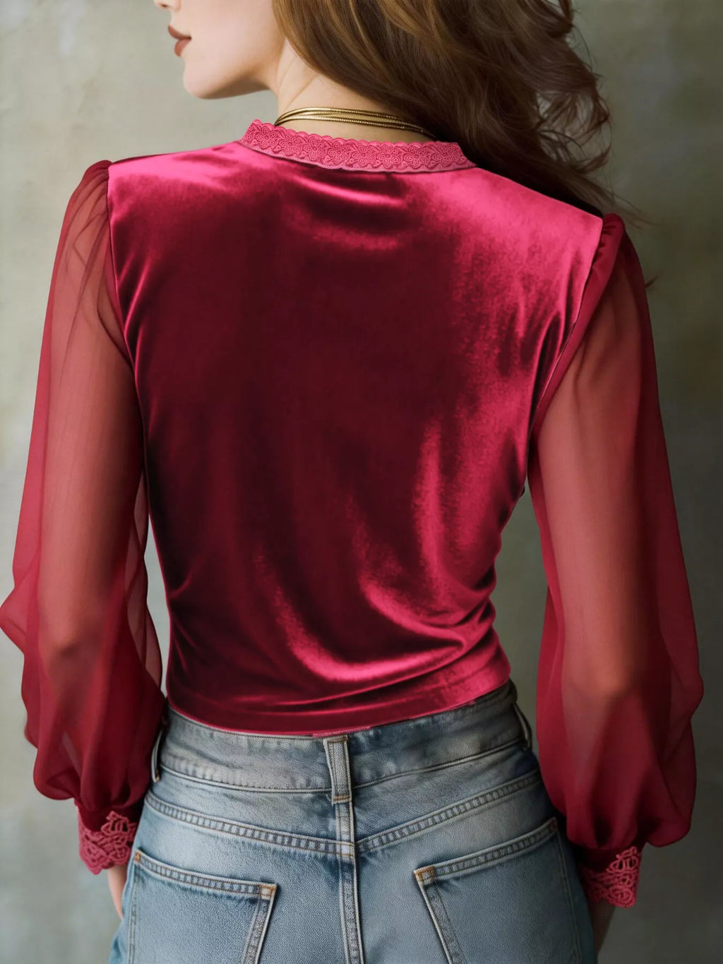 Lace Trim Sheer Long Sleeve Blouse