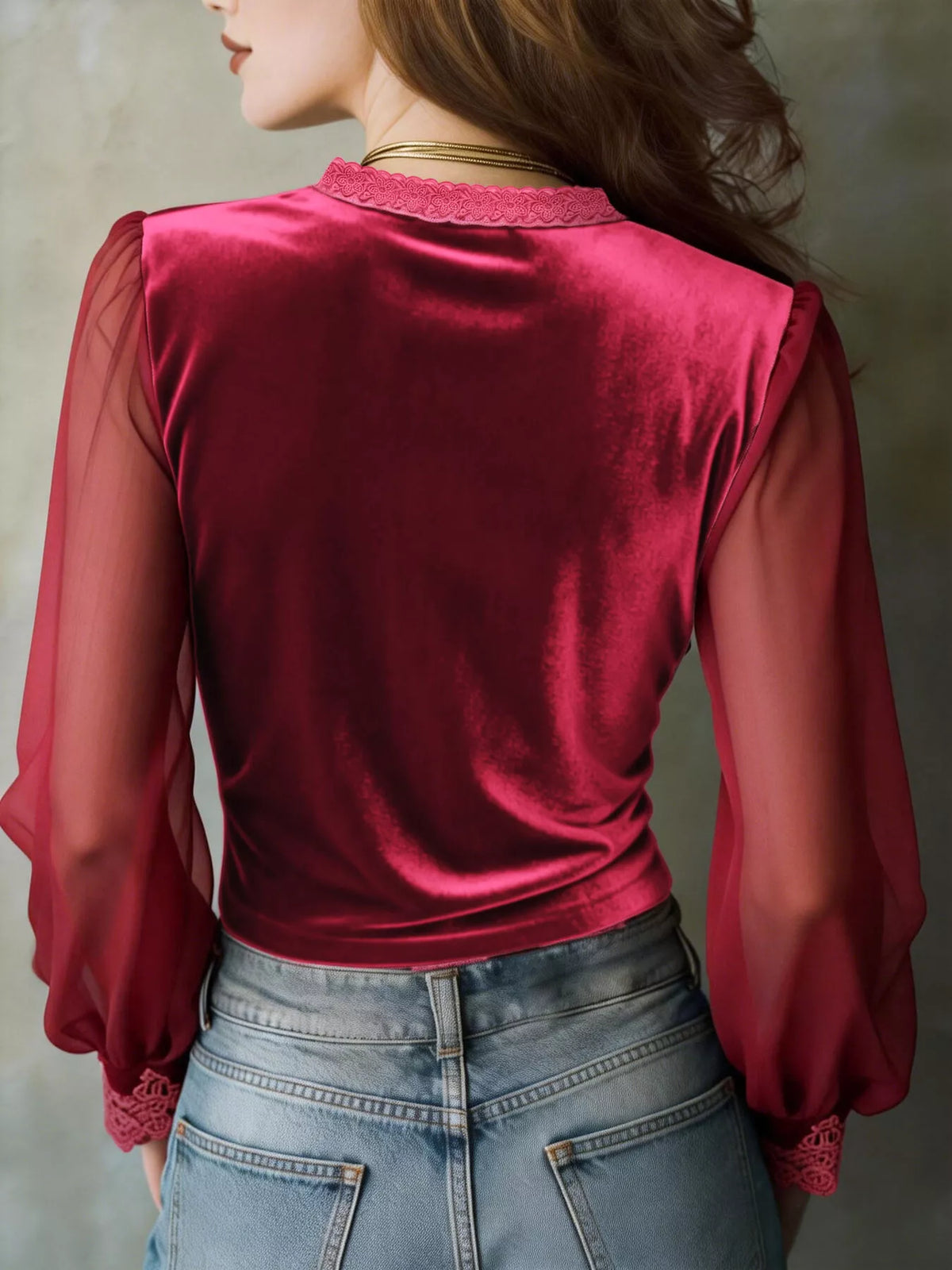 Lace Trim Sheer Long Sleeve Blouse