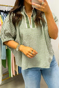 Green Plaid Short Sleeve Colorblock Trim Split Neck Blouse
