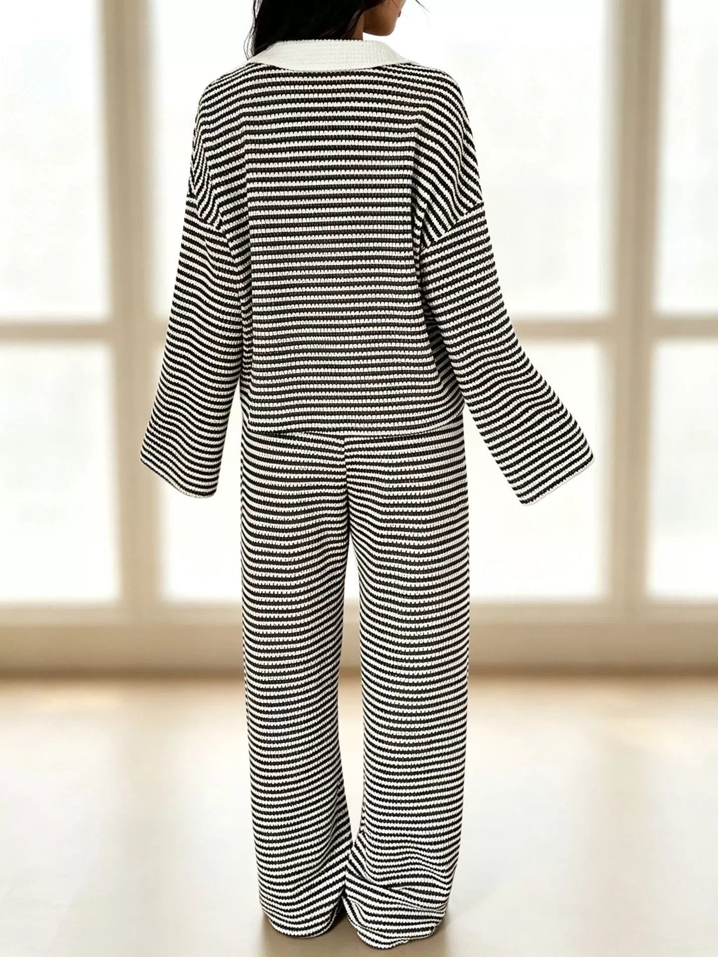 Striped Long Sleeve Polo and Wide-Leg Pants Set