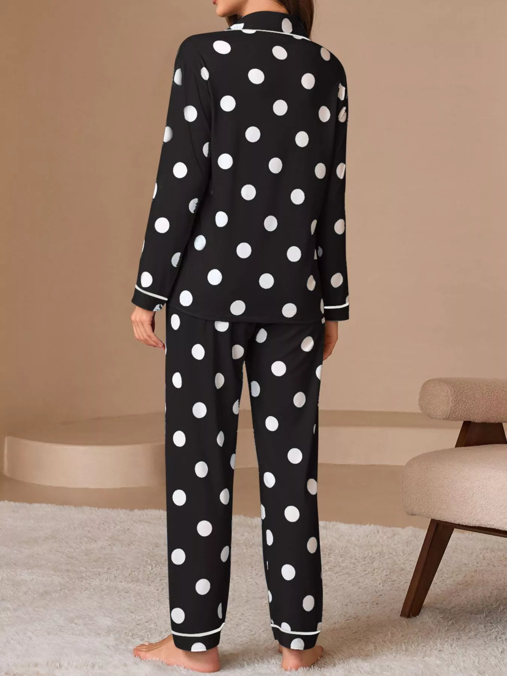 Polka Dot Button-Down Top and Pants Lounge Set
