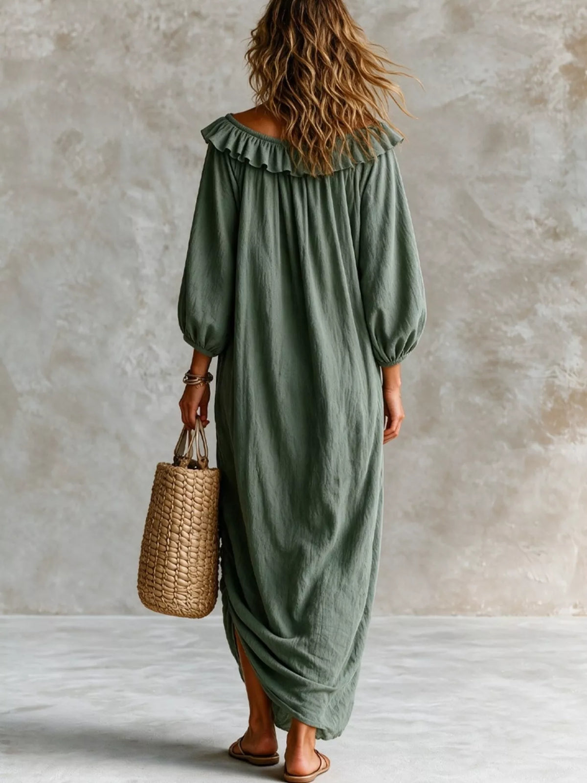 Ruffled Boat Neck Ruched Midi Dress