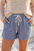Blue Stripe Drawstring Elastic Waist Casual Denim Shorts