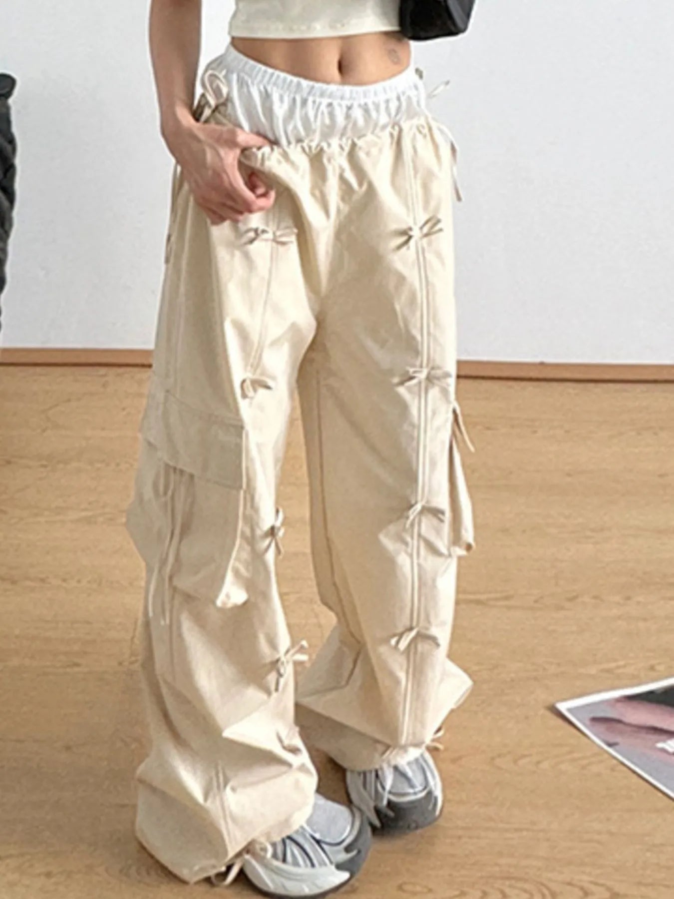 Cargo Wide Leg Pants with Bow Tie Details