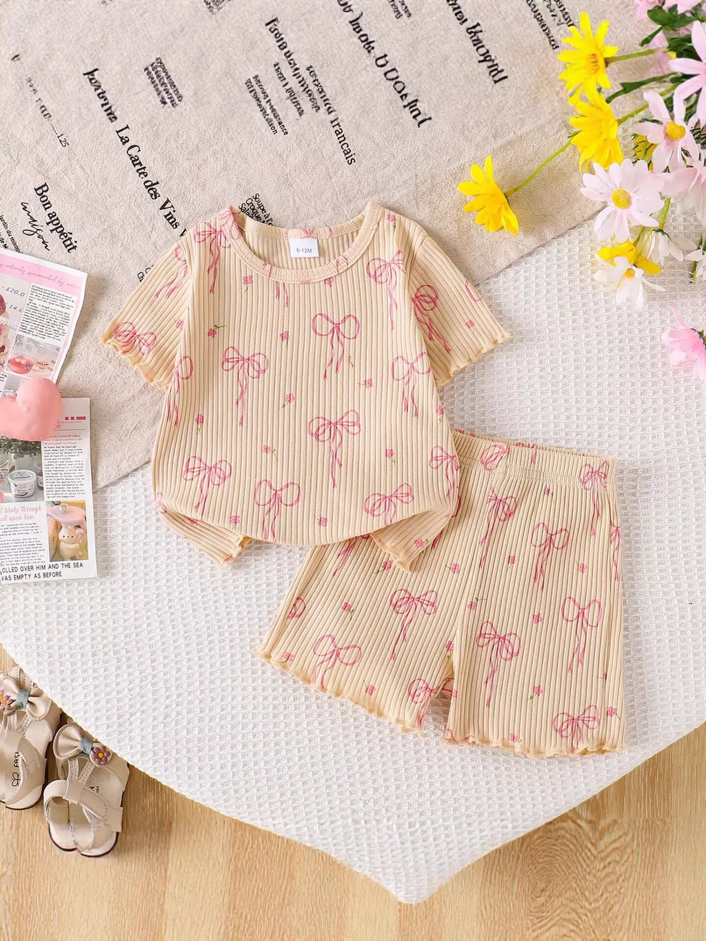 Children's Bow Ribbed Knit Top and Shorts Set