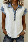 Light Grey Denim Color Block Patchwork Shirt Collar Short Sleeve Blouse