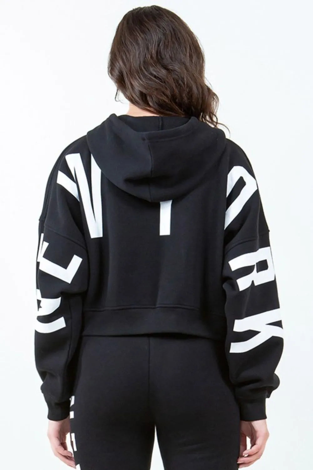 Cropped Hoodie with Letter Graphic and Drawstring
