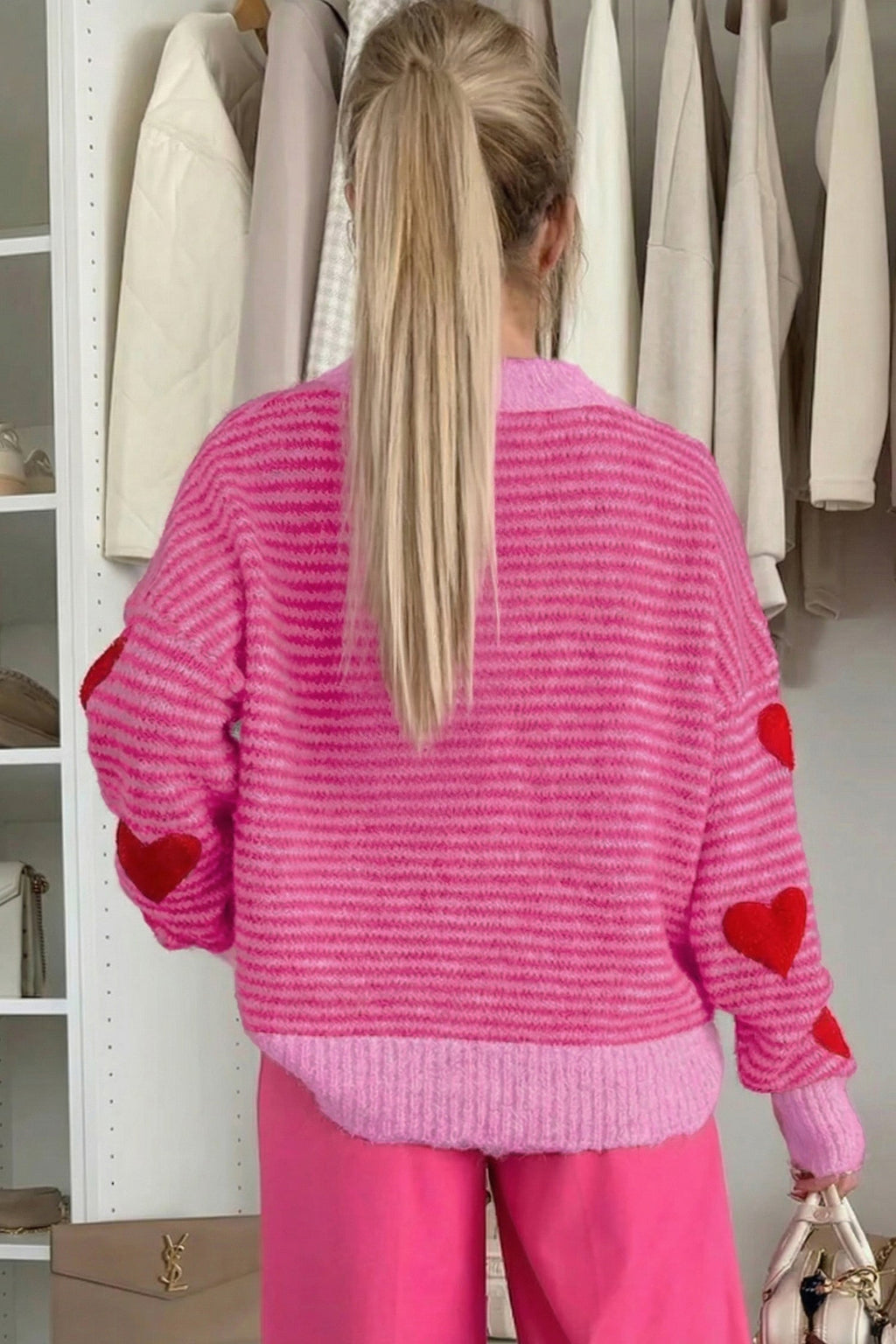 Rose Stripe Contrast Heart Pattern Valentine Knit Sweater