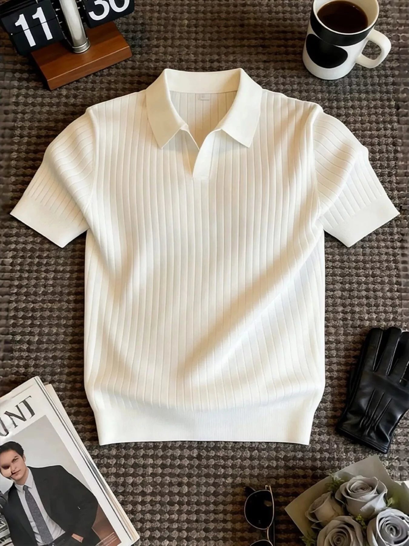 Men's Ribbed Knit Polo Shirt with Classic Collar