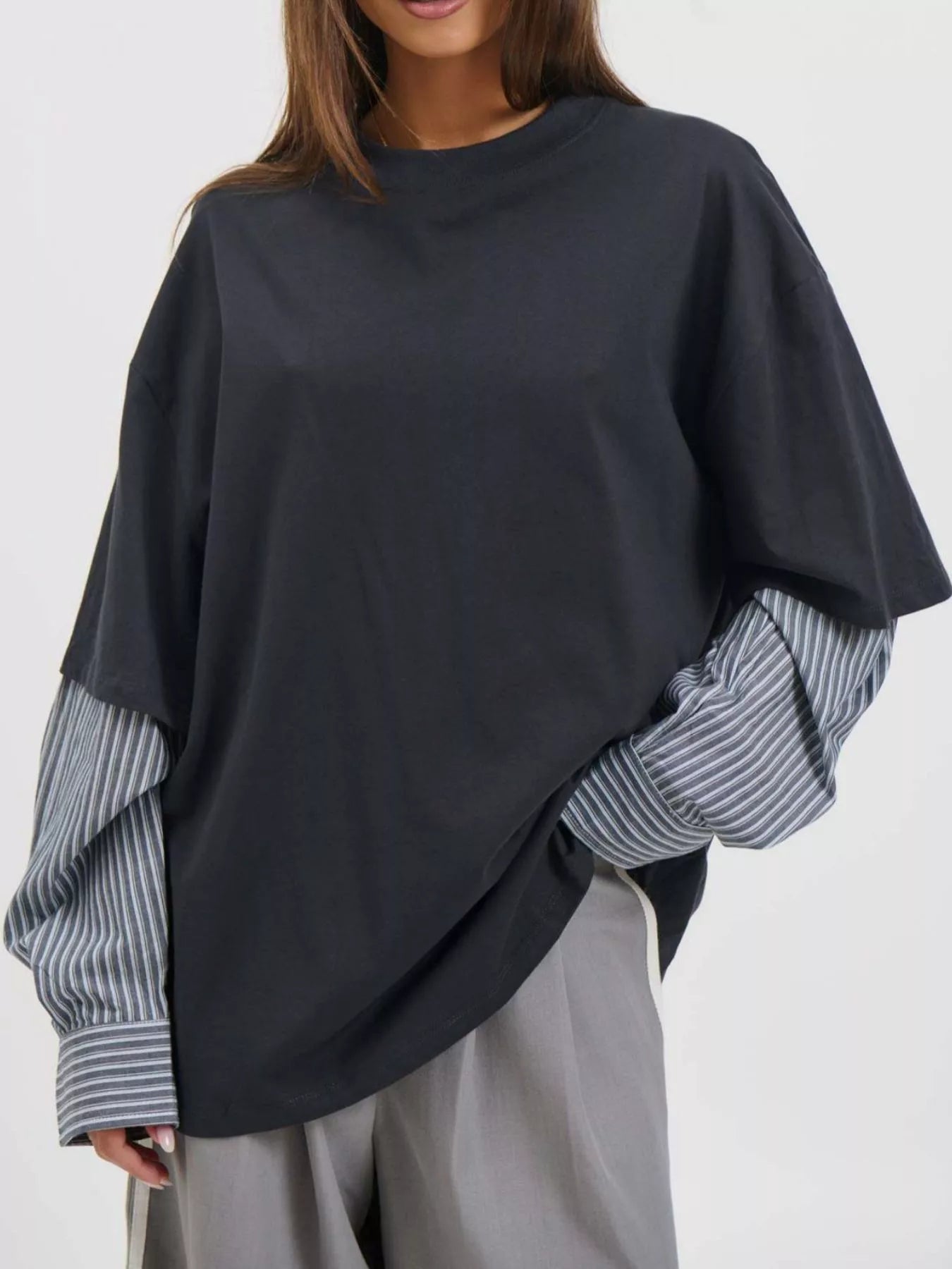 Oversized Layered-Look T-Shirt with Striped Sleeves