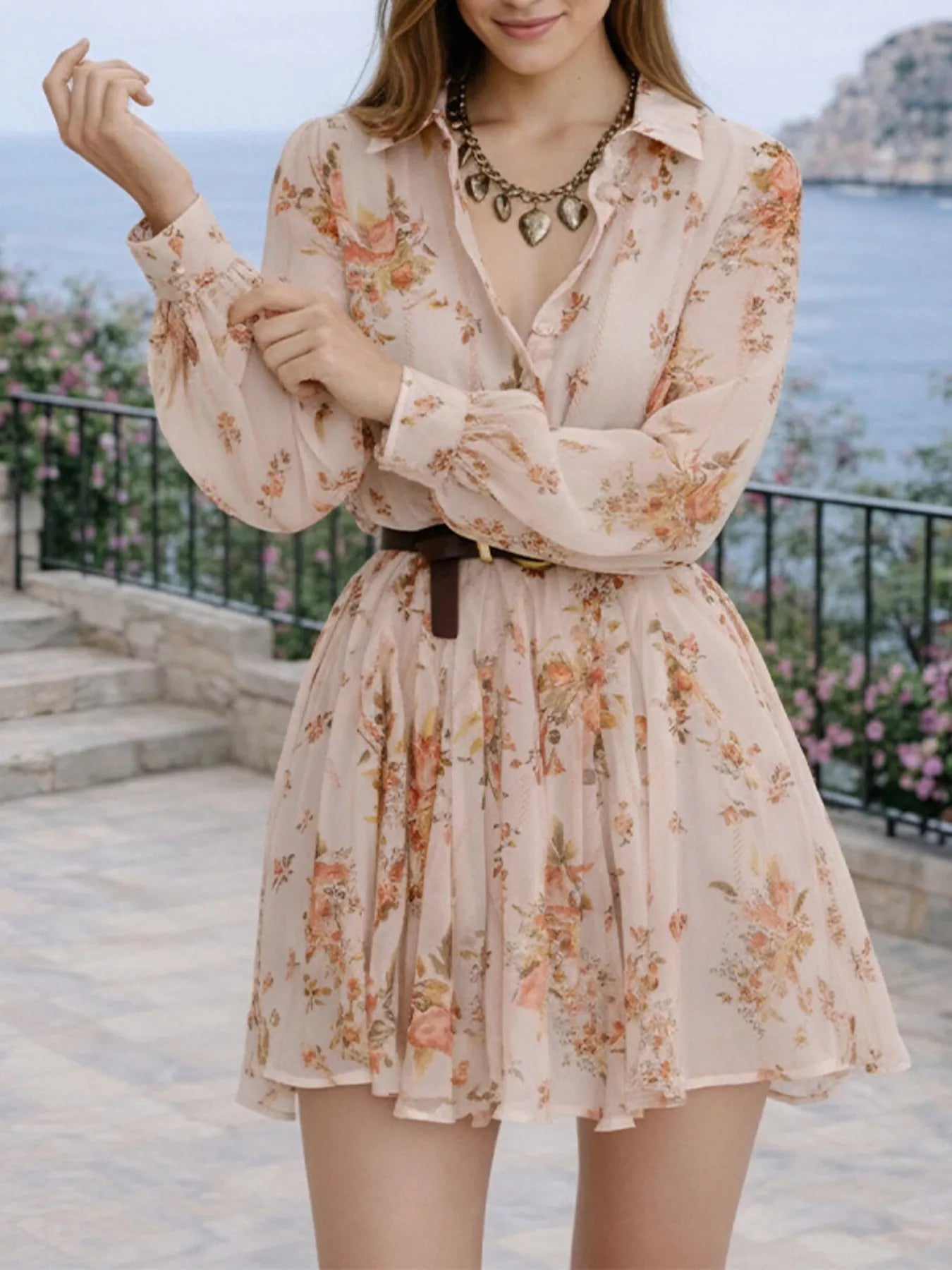 Full Size Floral Print Long Sleeve Shirt Dress Plus Size