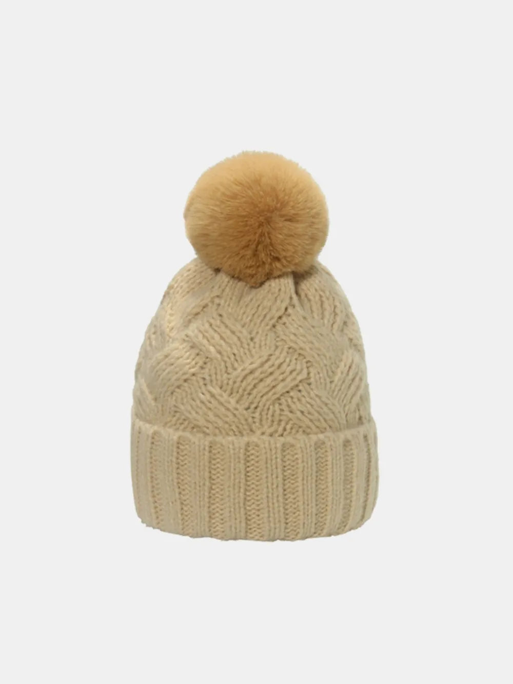 Roll Rim Cable Knit Beanie with Pompom