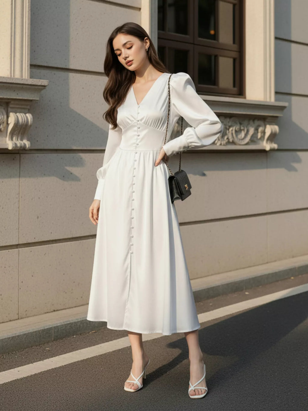 V-Neck Lantern Sleeve Midi Dress