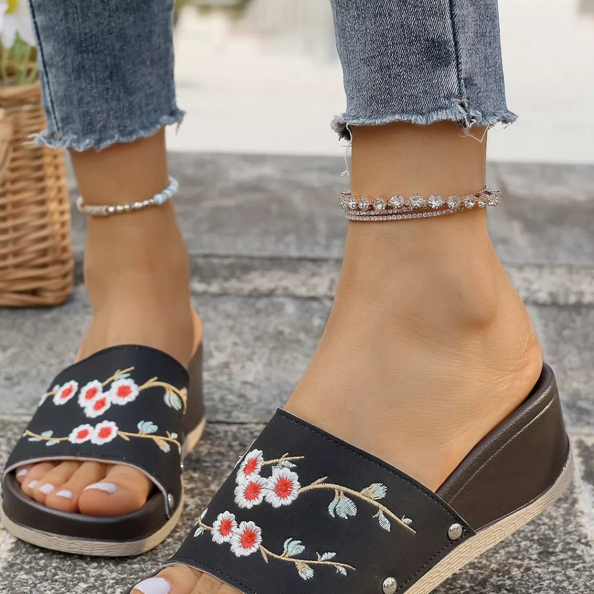 Floral Embroidered Wedge Sandals