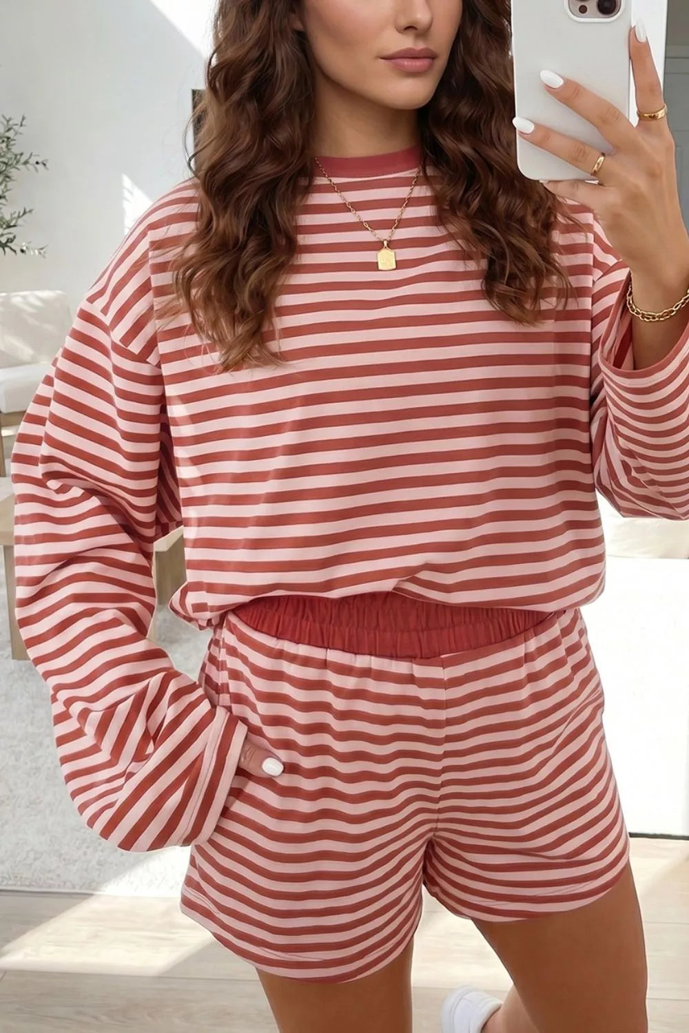 Stripe Relaxed Long Sleeve Top Contrast Elastic Waistband Short Set
