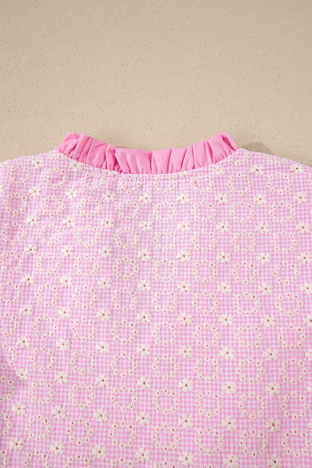 Pink Eyelet Embroidered Flower Texture Contrast Lace Trim Flutter Sleeve Blouse