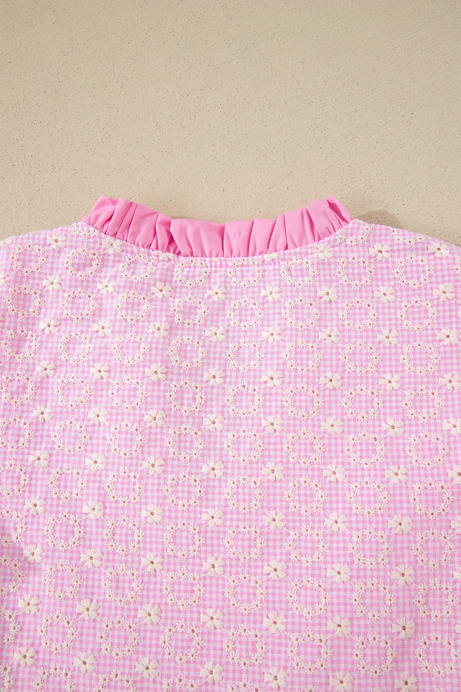 Pink Eyelet Embroidered Flower Texture Contrast Lace Trim Flutter Sleeve Blouse