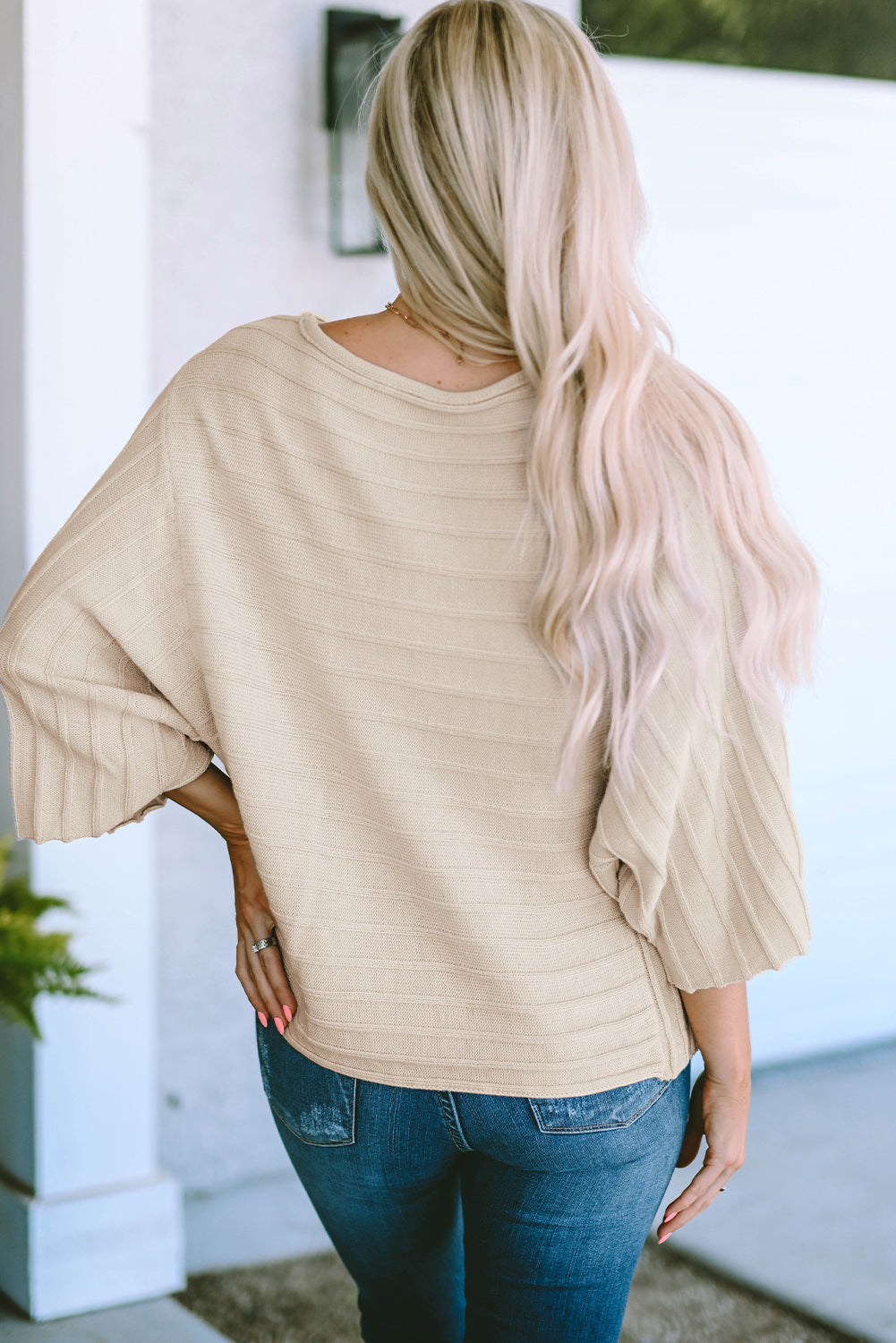 Ribbed Knit Reverse Seam 3/4 Sleeve Sweater