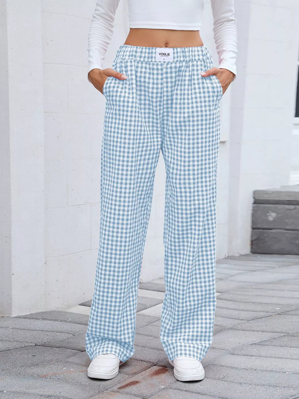 Plaid Wide-Leg Cotton Pants with Side Pockets