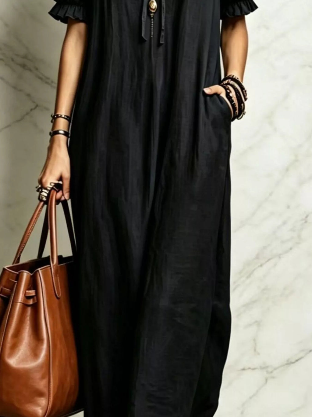 Ruffle Trim Puff Sleeve Maxi Dress