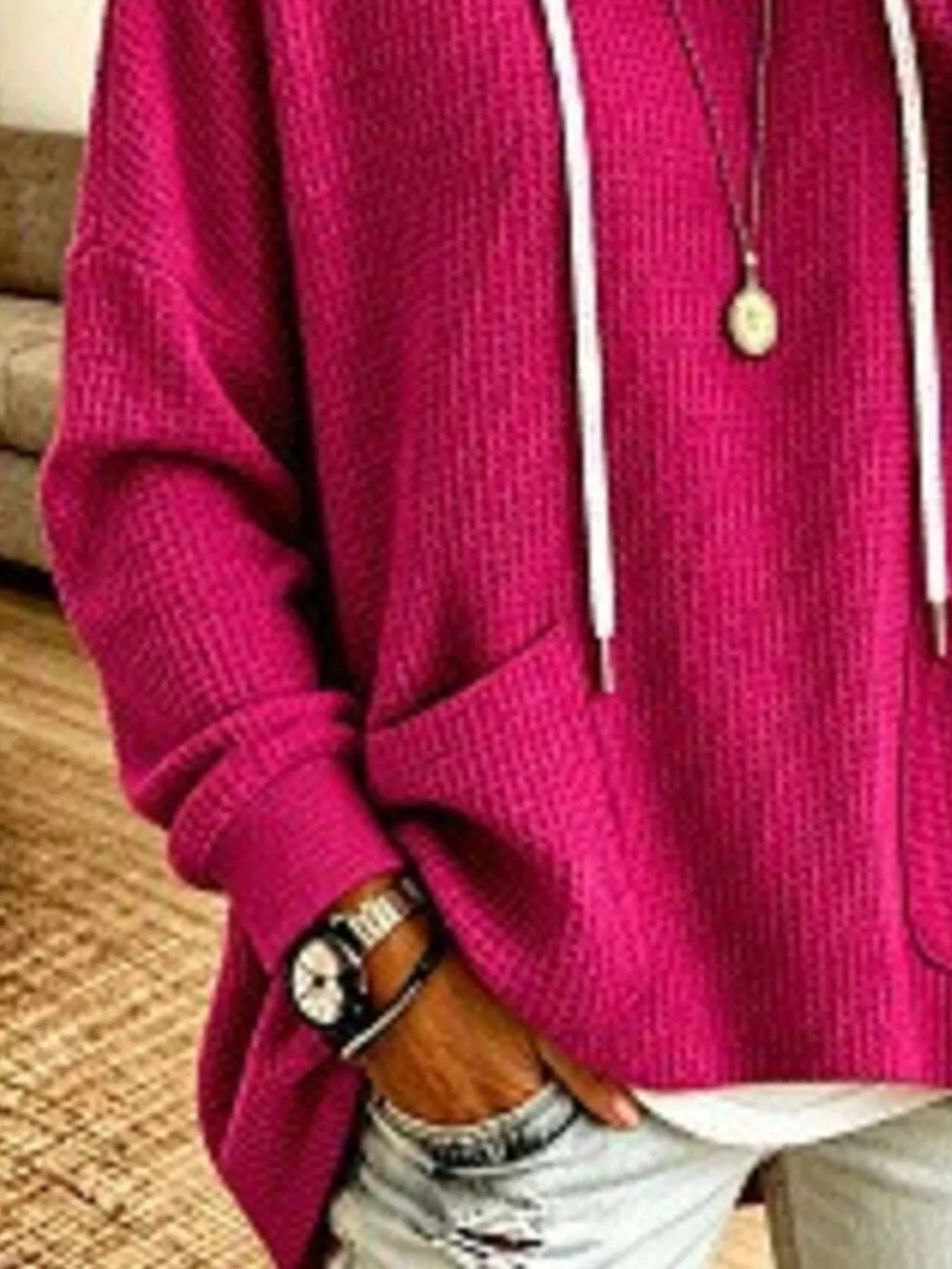 Full Size Waffle Knit Hoodie with Pockets Plus Size