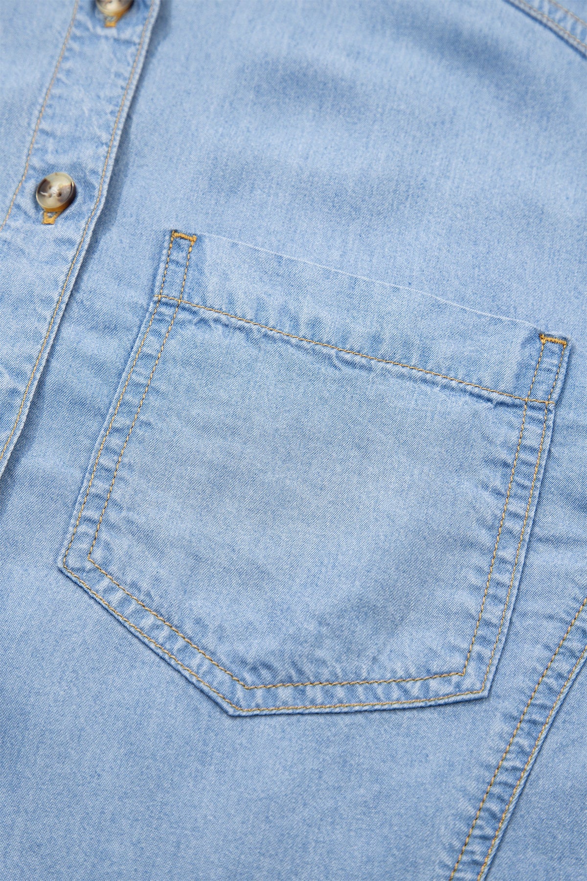 Denim Chambray Ruffle 3/4 Sleeve Buttoned Shirt
