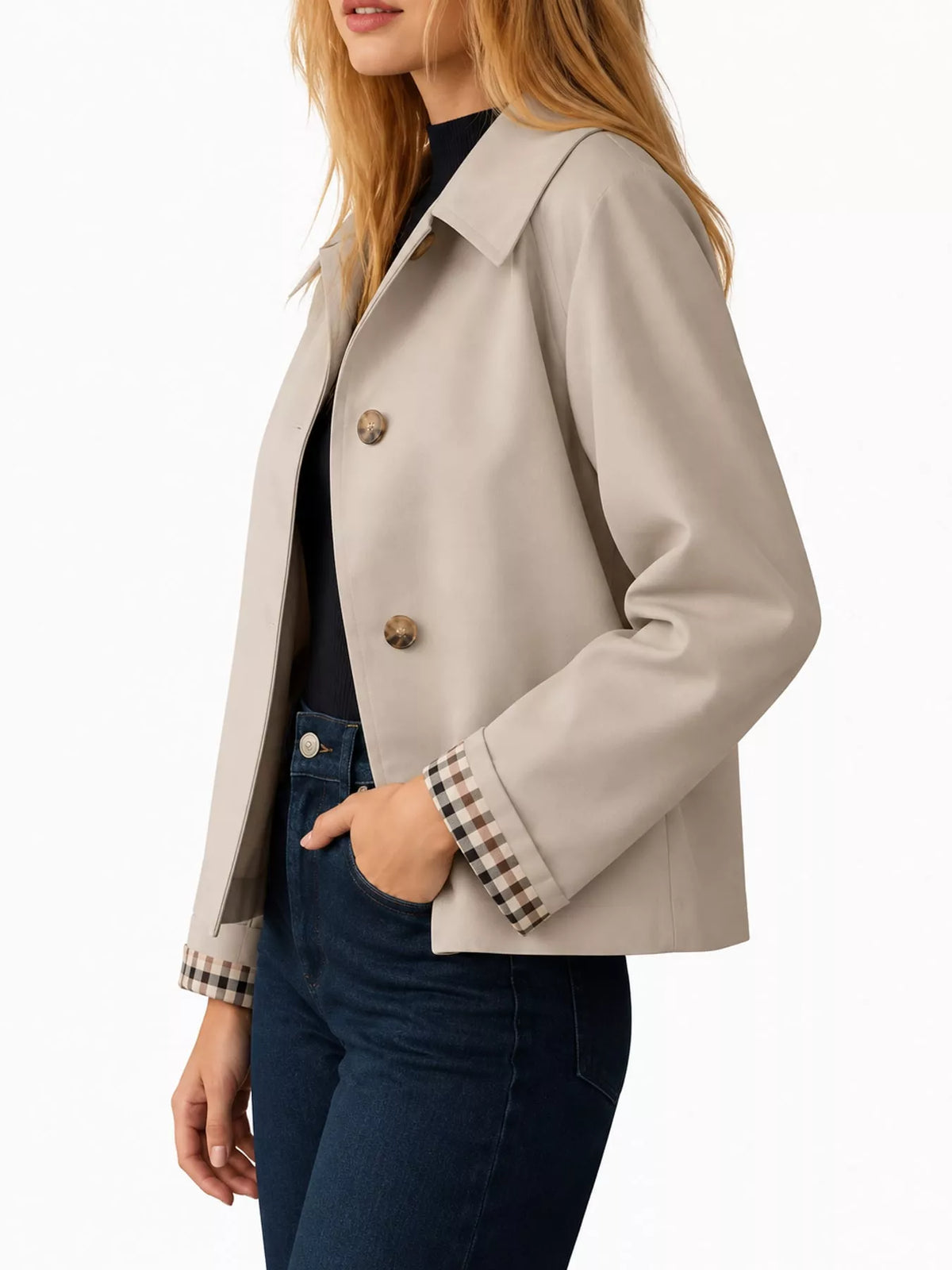 Plaid Cuffs Cropped Trench Outerwear